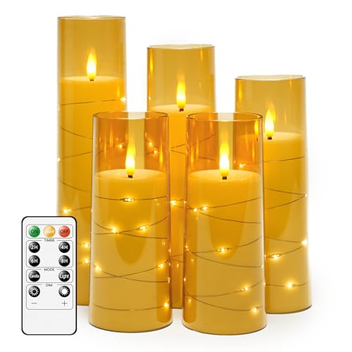 kakoya Flameless LED Candles with Timer 5 Pc Flickering Flameless Candles for Romantic Ambiance and Home Decoration Durable Acrylic Shell,with Embedded Star String，Battery Operated Candles