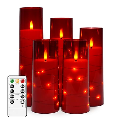 kakoya Flameless LED Candles with Timer 5 Pc Flickering Flameless Candles for Romantic Ambiance and Home Decoration Durable Acrylic Shell,with Embedded Star String，Battery Operated Candles