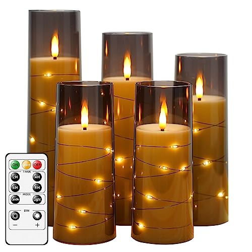 kakoya Flameless LED Candles with Timer 5 Pc Flickering Flameless Candles for Romantic Ambiance and Home Decoration Durable Acrylic Shell,with Embedded Star String，Battery Operated Candles