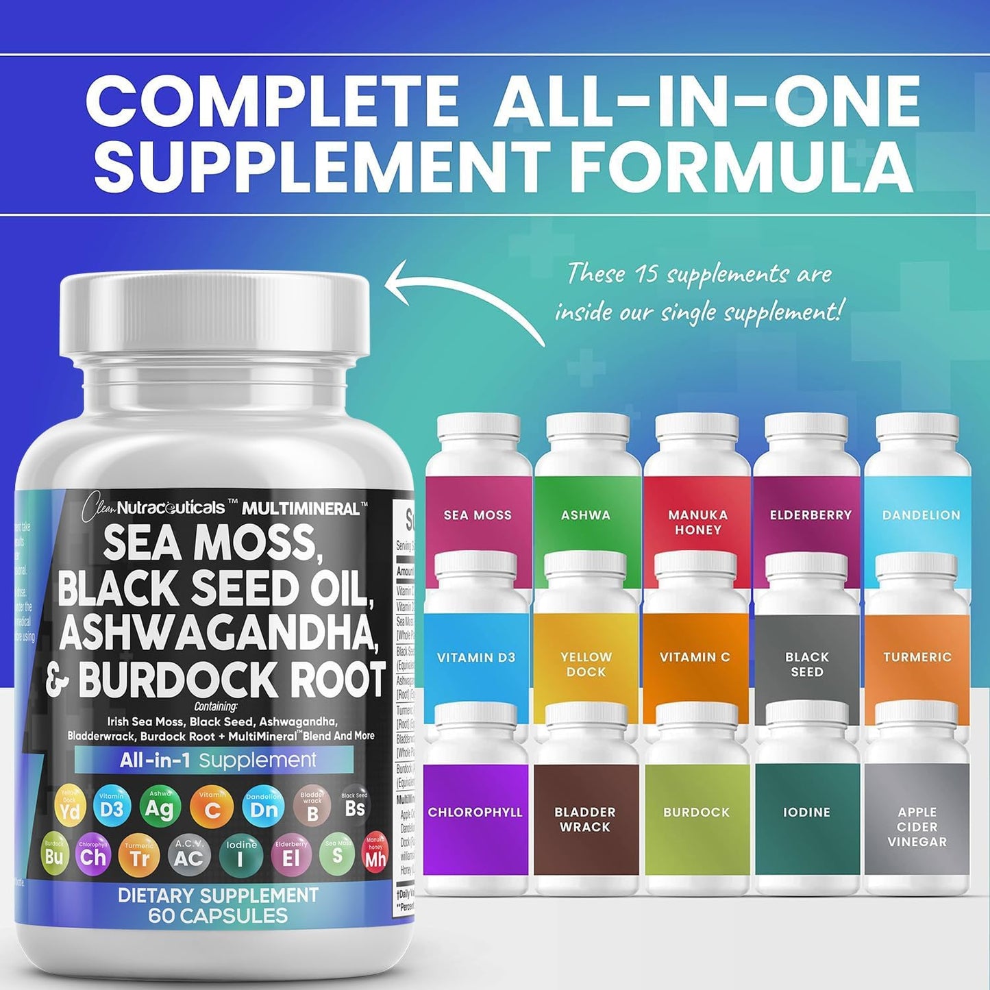 Sea Moss 3000mg Black Seed Oil 2000mg Ashwagandha 1000mg Turmeric 1000mg Bladderwrack 1000mg Burdock 1000mg