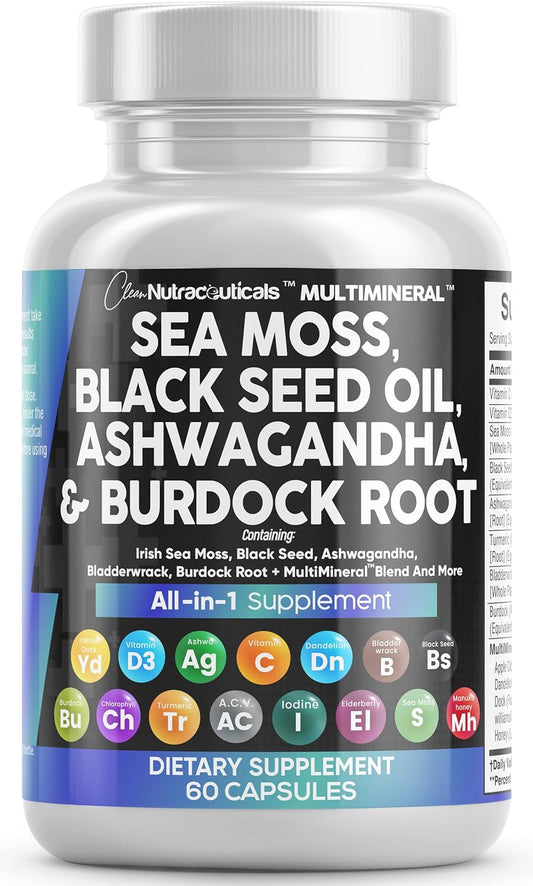 Sea Moss 3000mg Black Seed Oil 2000mg Ashwagandha 1000mg Turmeric 1000mg Bladderwrack 1000mg Burdock 1000mg